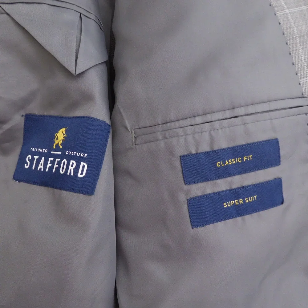 Stafford Mens Suit Jacket Blazer Gray Window Plaid Super Suit 48R Classic Fit